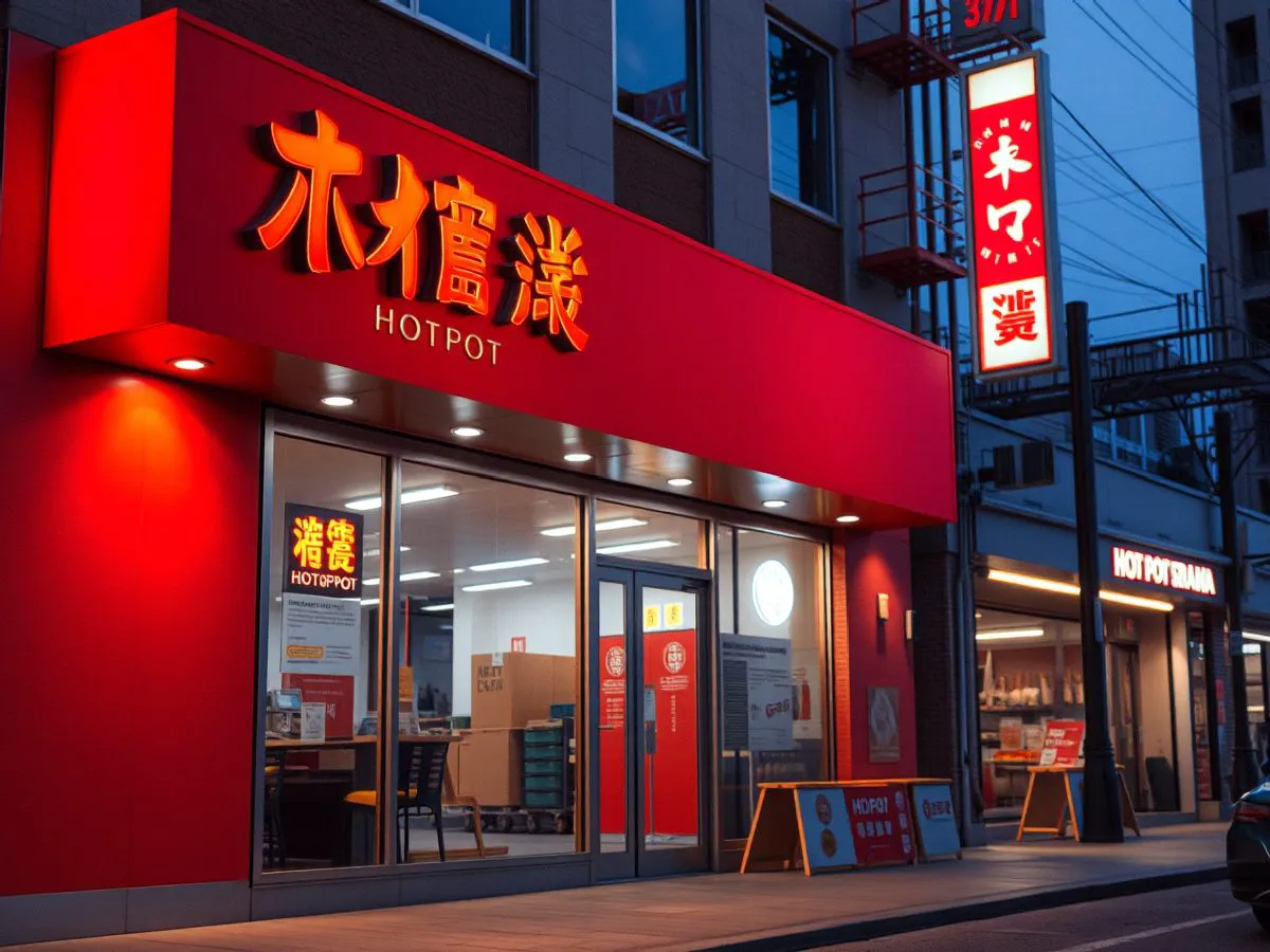 火锅店门头翻新后实景，红色底板上不锈钢烤漆字配合LED灯带，夜间亮灯效果醒目